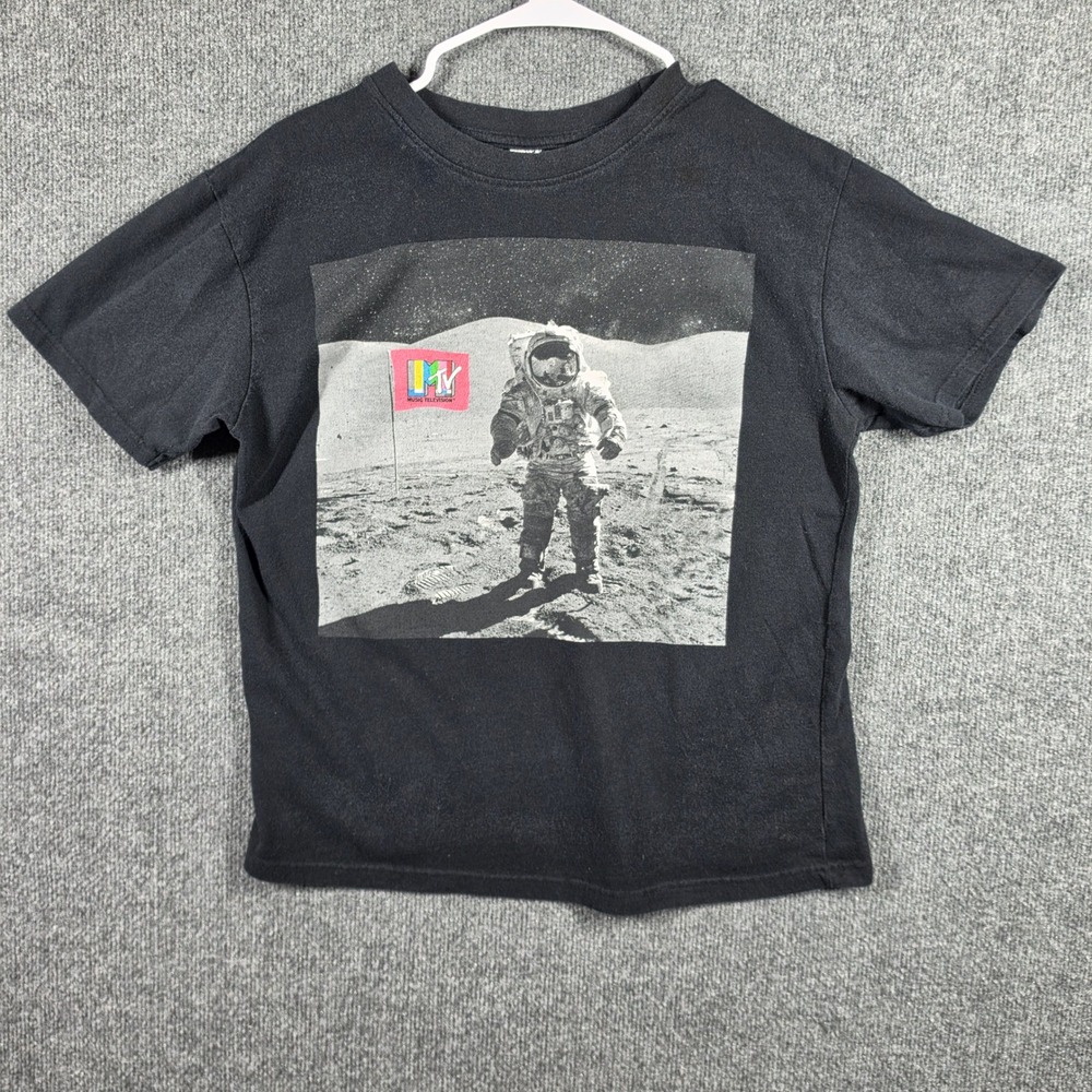 MTV Graphic Tee Mens Medium Black Moon Landing Astronaut Logo T-Shirt